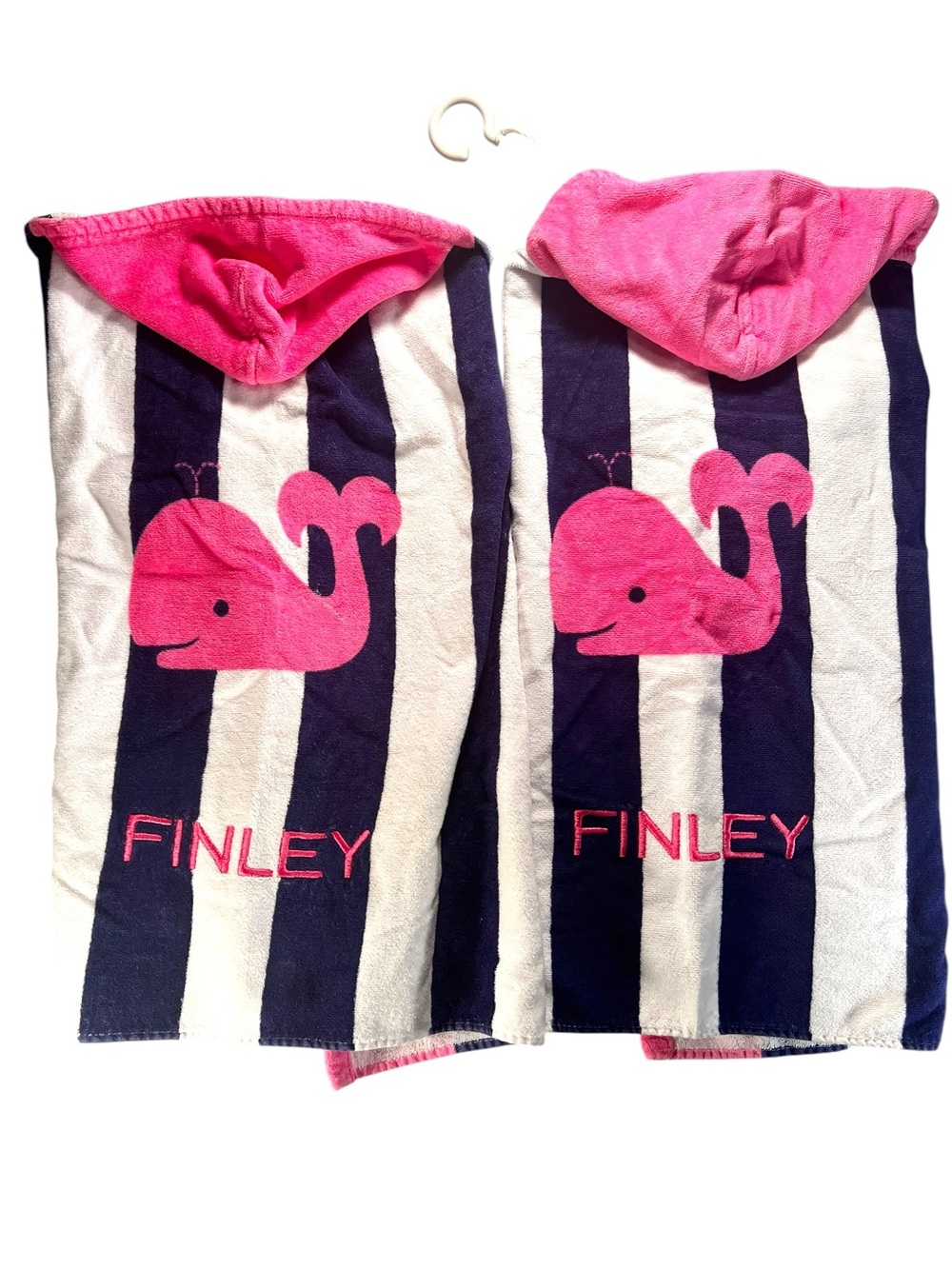 2 Pottery Barn Kids Hooded Beach Towels Whale Pink Blue Striped Cotton Finley
